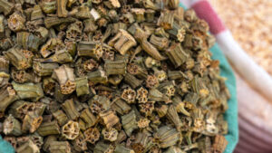 Egyptian Dried food products okra or ladies fingers on the Arab street market stall.